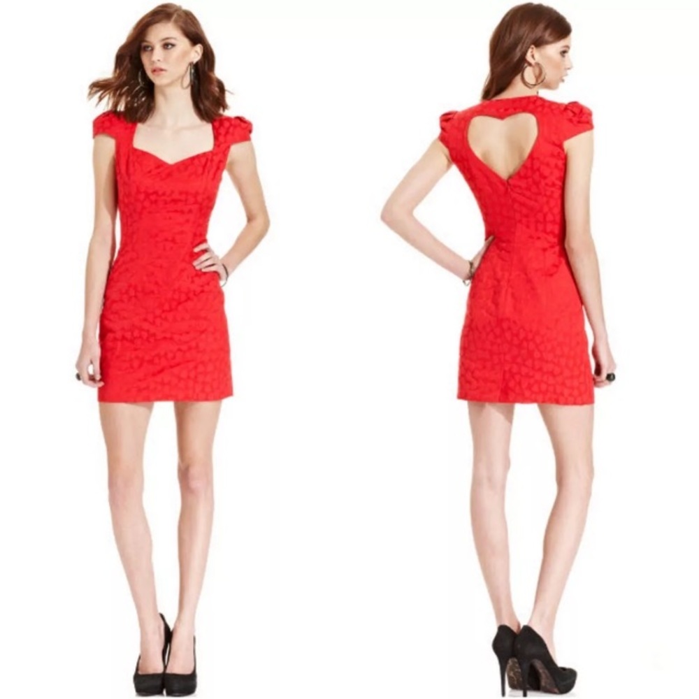 Guess Red Sweetheart Jacquard Cutout Sheath Dress